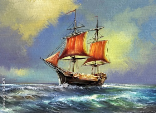 Old ship in the sea. Oil paintings landscape  fine art  artwork.