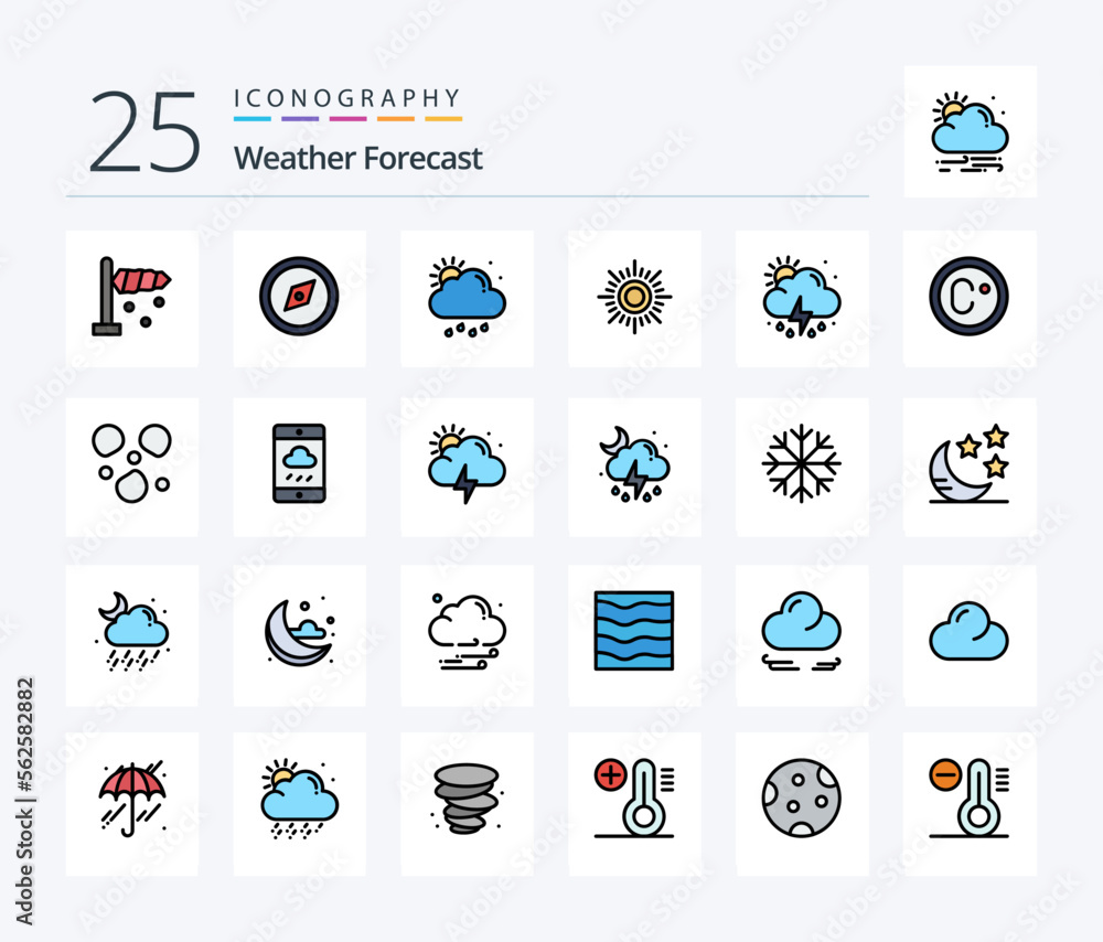Weather 25 Line Filled icon pack including climate. sun. weather. rain. weather