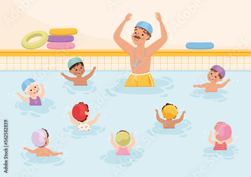 Children in Swimming Pool with Man Coach Teaching Them Vector Illustration