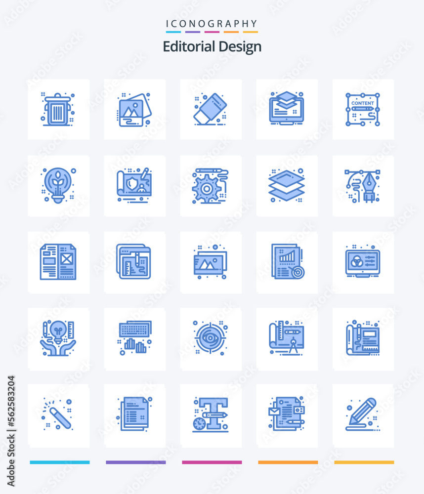 Creative Editorial Design 25 Blue icon pack  Such As documents. monitor. eraser. buffer. layer