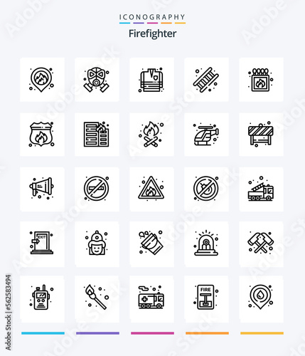 Creative Firefighter 25 OutLine icon pack Such As match. camping. fire fighting coat. stair. job