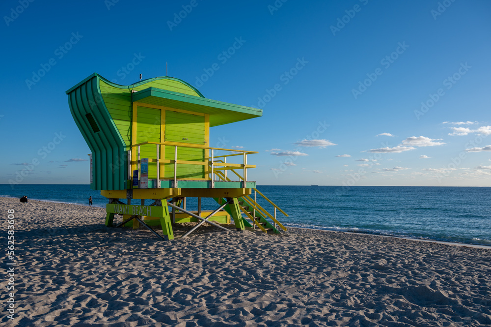 Colorful lifeguard station on South Beach in Miami Beach, Florida on clear cloudless sunny morning.
