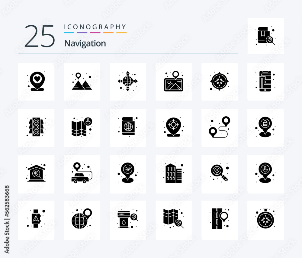 Navigation 25 Solid Glyph icon pack including gps. pin. direction. museum. gallery
