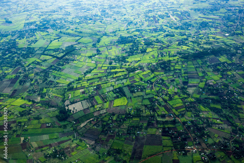 Green farmland from the air in Uganda