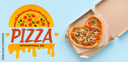 Cardboard box with tasty heart-shaped pizza on light blue background. Banner for National Pizza Day