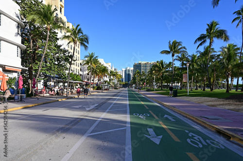 Art deco hotels on Ocean Drive in South Beach on Miami Beach, Florida on clear cloudless sunny morning.. photo