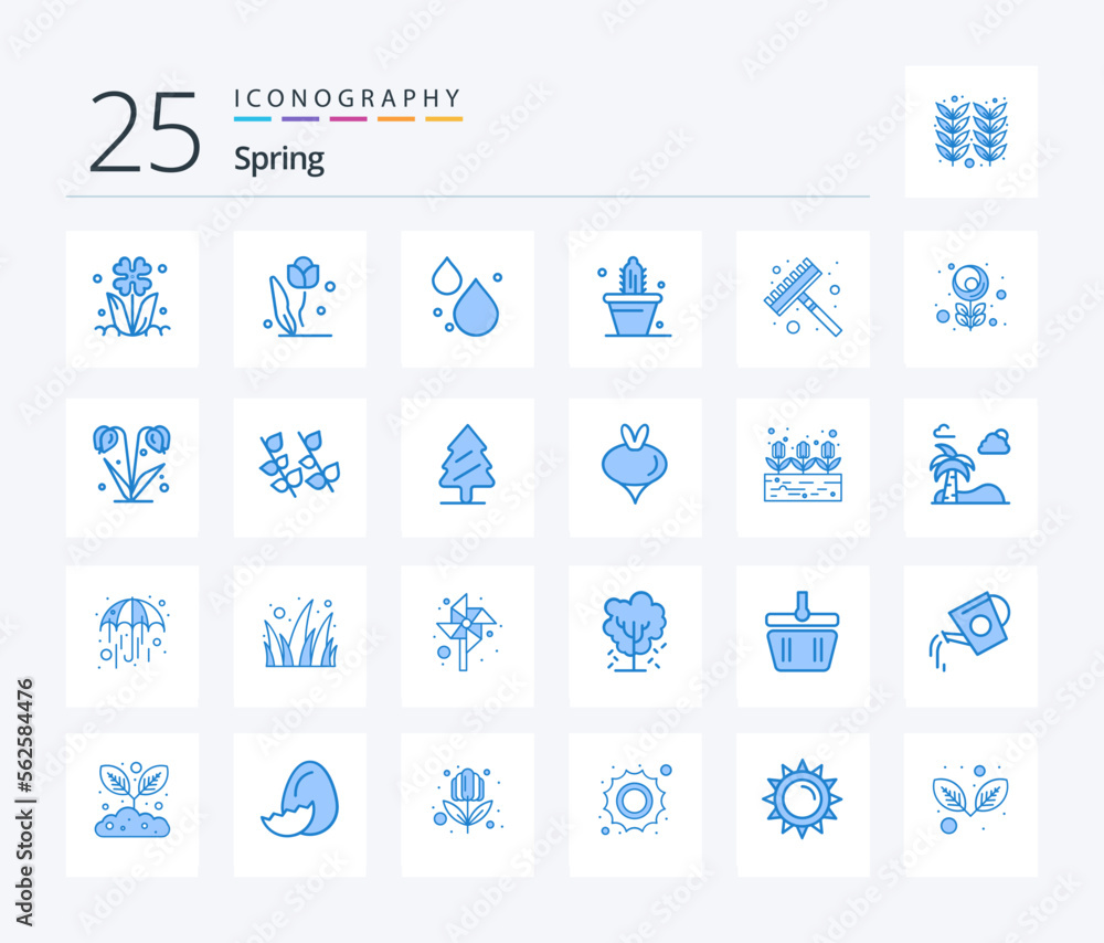 Spring 25 Blue Color icon pack including tulip. flower. cactus. utility. rake
