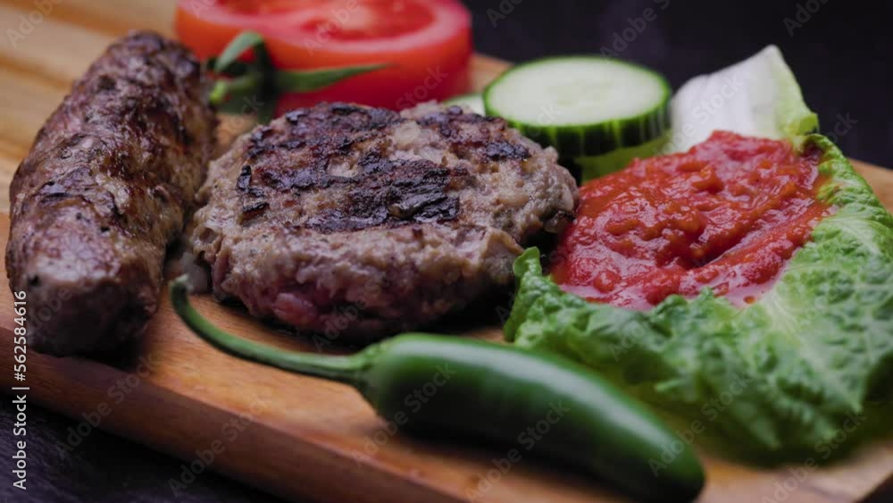 Pressing with a fork on medium well grilled homemade traditional Bulgarian ground meat sausage called kyufte placed next to kebapche and dipping sauce lyutenica garnished with veggies. Pressing with a fork on medium well grilled homemade traditional Bulgarian ground meat sausage called kyufte placed next to kebapche and dipping sauce lyutenica garnished with veggies.