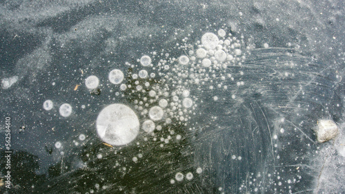 White bubbles on the surface of frozen water