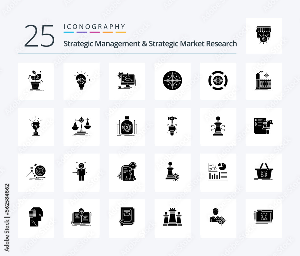 Strategic Management And Strategic Market Research 25 Solid Glyph icon pack including dart. navigator. chemical. navigation. compass