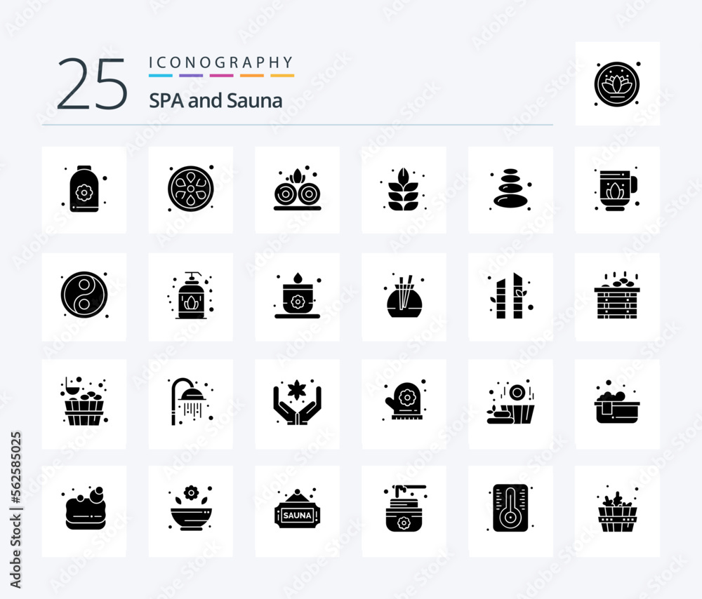 Sauna 25 Solid Glyph icon pack including ball. lotus. nature. sauna. stone
