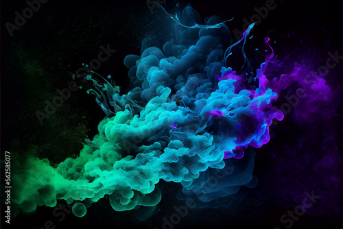 Neon neon blue and green multicolored smoke puff cloud design elements on a dark background - generative ai