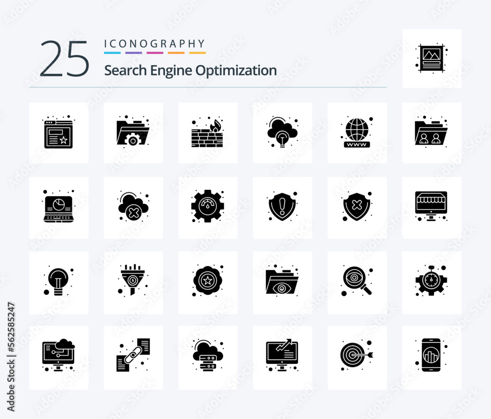 Seo 25 Solid Glyph icon pack including folder. worldwide. security. website. domain