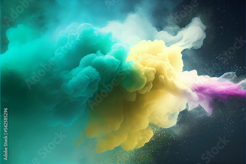 Bold pastel bule and yellow multicolored smoke puff cloud design elements on a dark background - generative ai