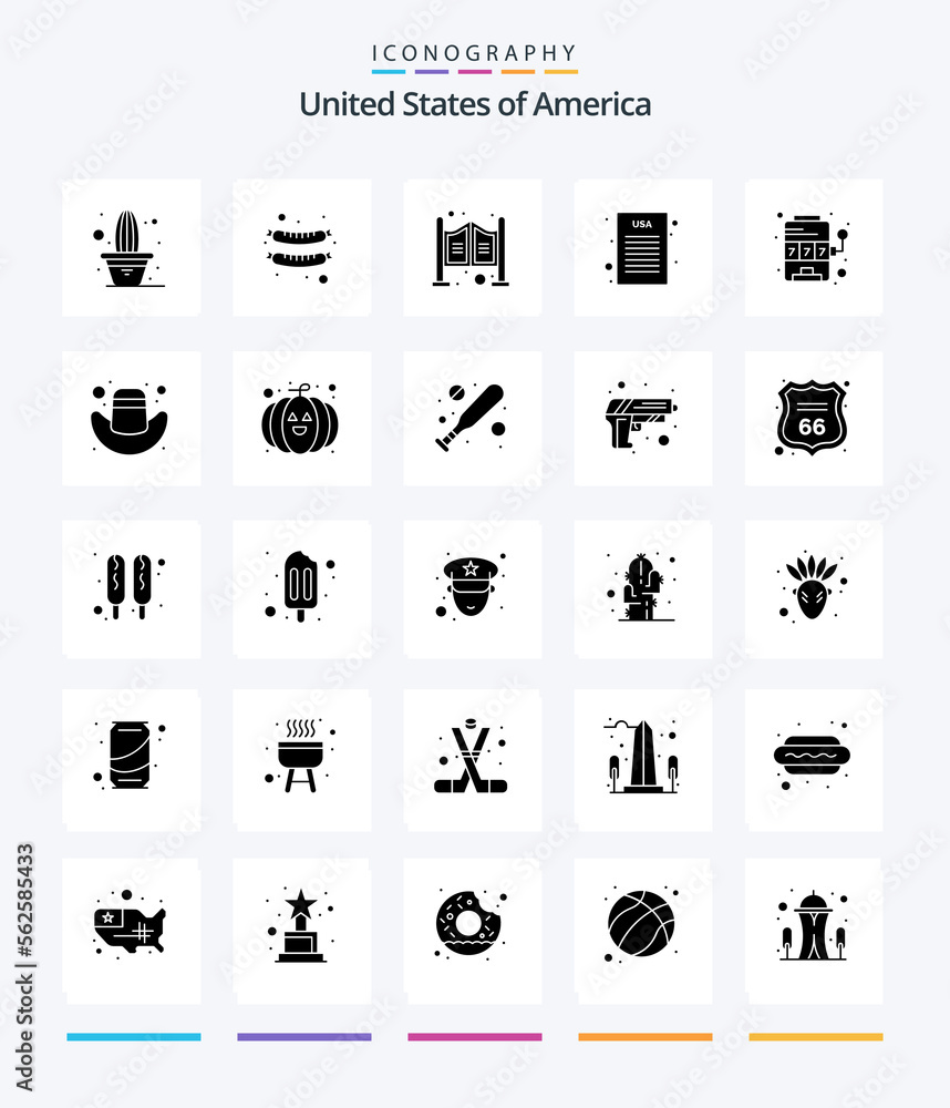 Creative Usa 25 Glyph Solid Black icon pack  Such As game. machine. household. casino. declaration of independence