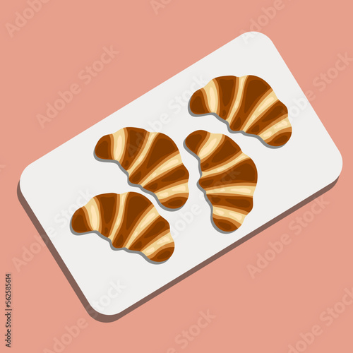 Food illustraton, Tasty croissants on white plate. French pastry for poster design