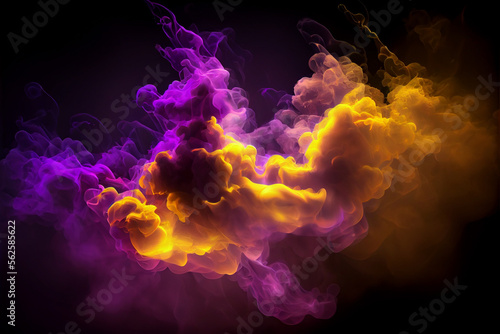 Purple neon and yellow multicolored smoke puff cloud design elements on a dark background - generative ai