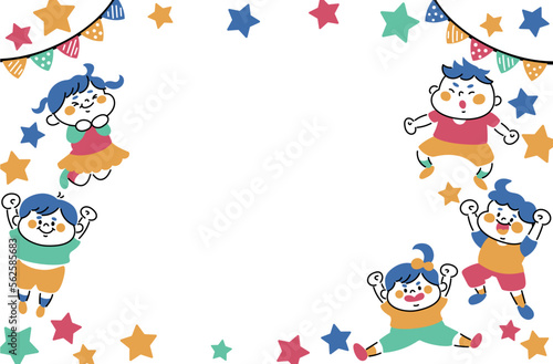 ジャンプする子供たちとカラフルな星のイラスト背景素材