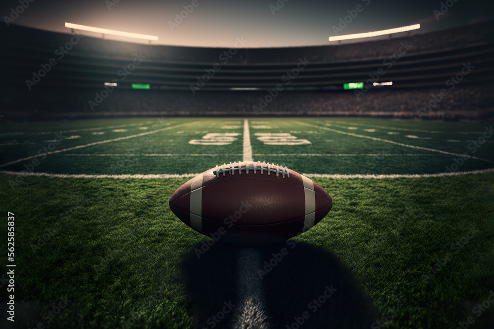 Close-up of American Football on Field with Stadium in Background, Super Bowl Game. Generative AI Close-up of American Football on Field with Stadium in Background, Super Bowl Game. Generative AI