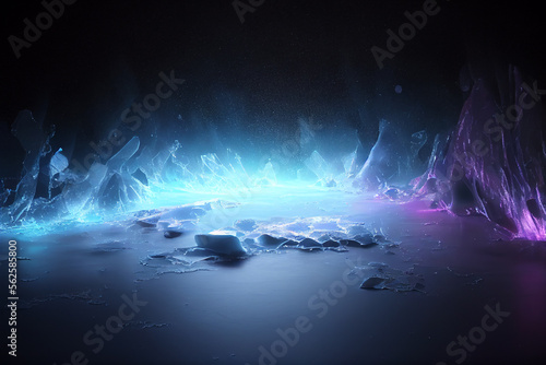 Beautiful ice background. Generative AI. Ice and snow on dark background