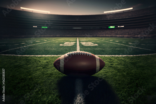 Fotografia Close-up of American Football on Field with Stadium in Background, Super Bowl Game