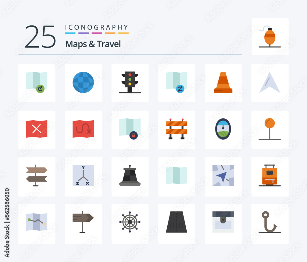 Maps & Travel 25 Flat Color icon pack including map. pointer. sync. map. traffic