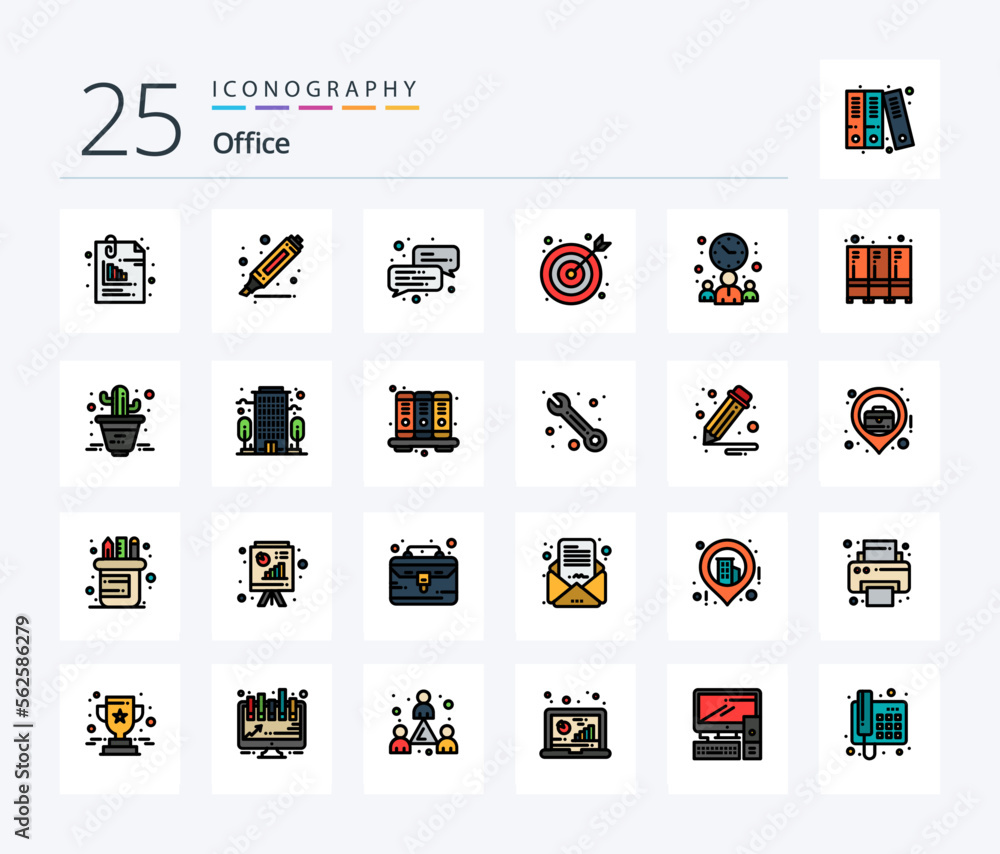 Office 25 Line Filled icon pack including time. meeting. business. businessman. center