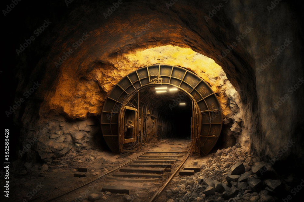 Fototapeta premium Working underground mine for the extraction of ore, gold, coal, dark yellow tunnel with trolley tracks. Generation AI