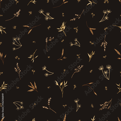 Dry grass. Simple seamless pattern on dark background. Yellow tones. Botanical vector  illustration. Field herbs. Layout for wallpaper, textile, fabric, card, banner. Sketch.