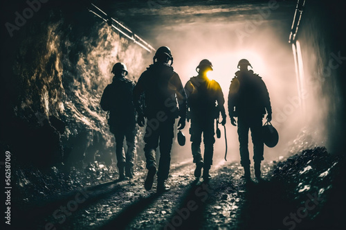 Silhouette of miners with headlamps entering underground coal mine. Generation AI