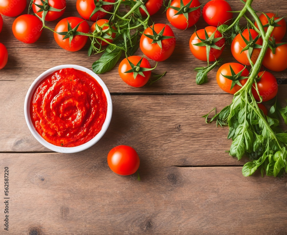 tomato ketchup sauce and ingredients on a wooden background. top view. tomato ketchup sauce and ingredients on a wooden background. top view.