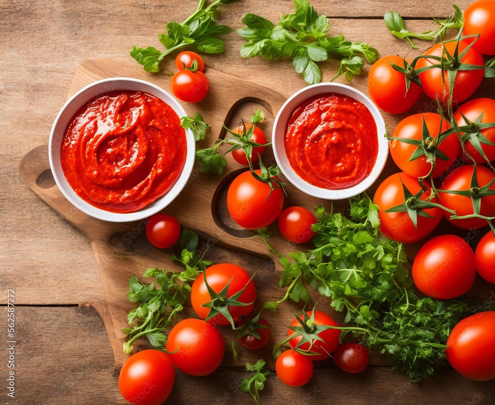 tomato ketchup sauce and ingredients on a wooden background. top view. tomato ketchup sauce and ingredients on a wooden background. top view.