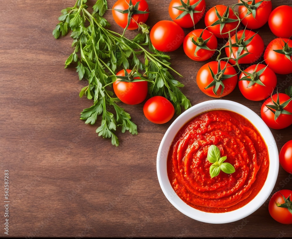 tomato ketchup sauce and ingredients on a wooden background. top view. tomato ketchup sauce and ingredients on a wooden background. top view.