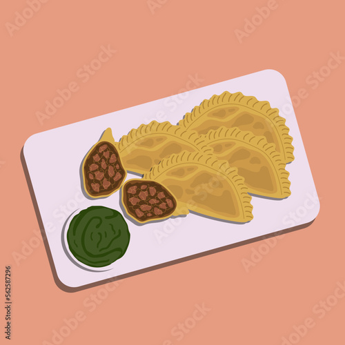 Food illustration, Latin American baked beef empanadas with sauces on white plate for poster design