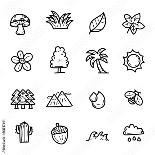 Set of nature elements doodle illustration with cute design isolated on white background