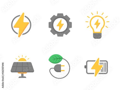 Set of electric energy icons with a flat style isolated on white background