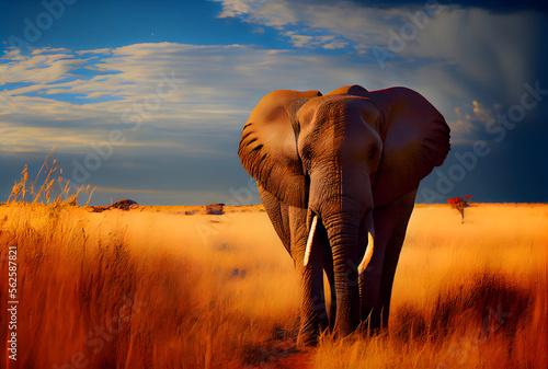 elephant at sunset on the savannah, generative ai