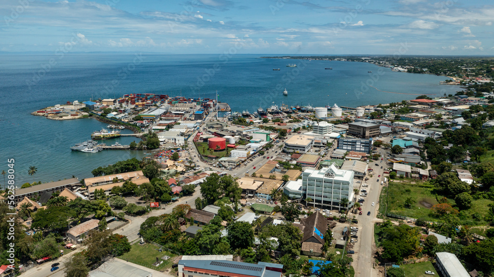 Aerial view looking eastward above the centre of central Honiara city. 