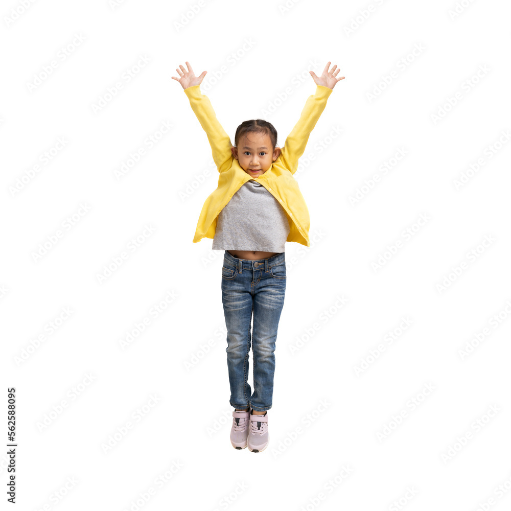 School girl, Happy Asian student school kid jumping for joy, Full body portrait isolate background  - obrazy, fototapety, plakaty 
