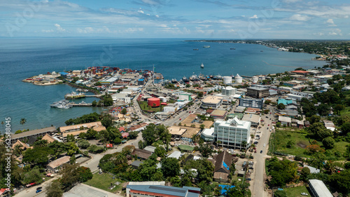 Aerial view looking eastward above the centre of central Honiara city. 