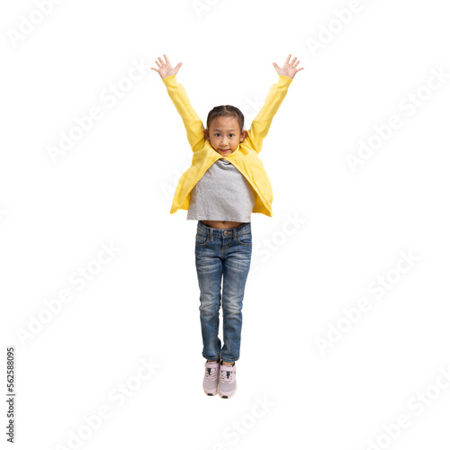 Print op canvas School girl, Happy Asian student school kid jumping for joy, Full body portrait
