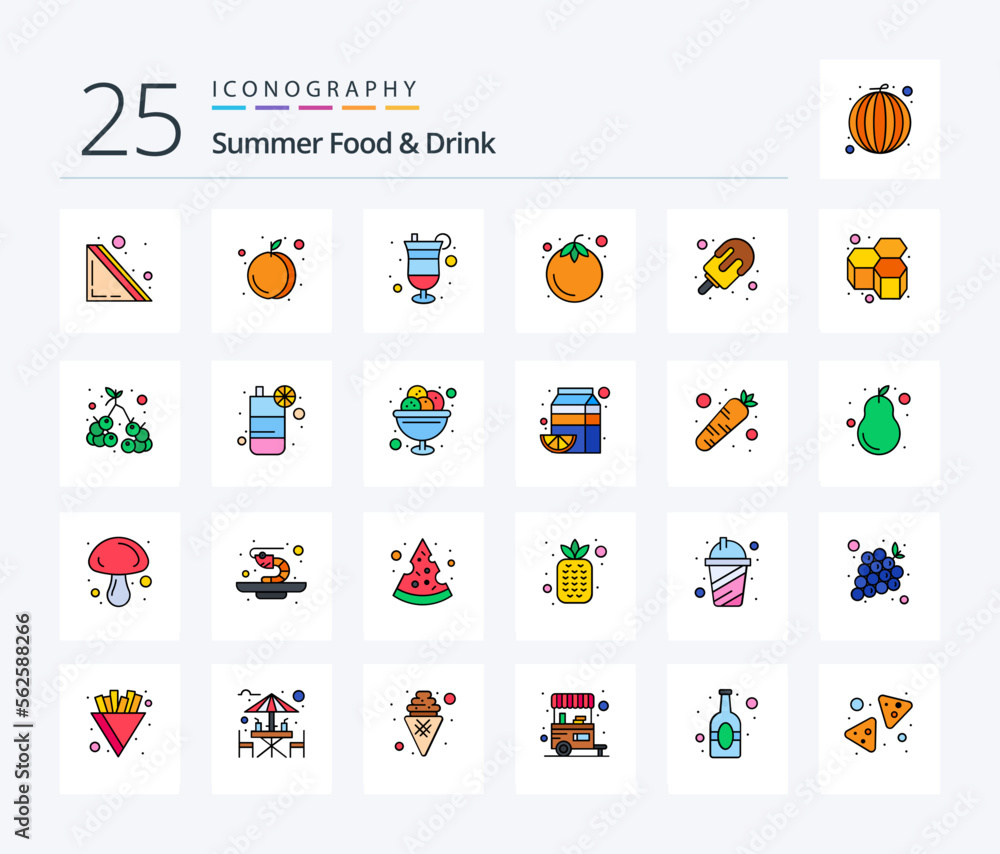 Summer Food & Drink 25 Line Filled icon pack including dessert. ice cream. glass. food. sweet