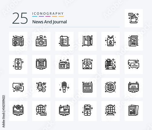 News 25 Line icon pack including journalist. card. clipboard. news. article