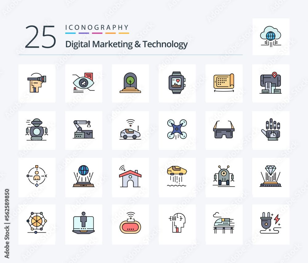 Digital Marketing And Technology 25 Line Filled icon pack including mobile. love. growth. watch. new