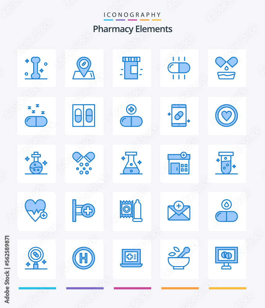 Creative Pharmacy Elements 25 Blue icon pack  Such As pills. drug. bottle. medical. medicine