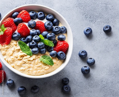 Bircher muesli or overnight oatmeal with apple, banana and blueberries in gray bowl, top view.