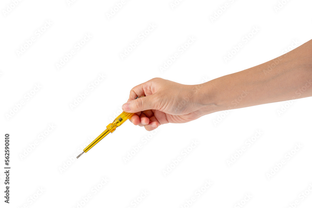 Yellow screwdriver tools in hand on white background Yellow screwdriver tools in hand on white background