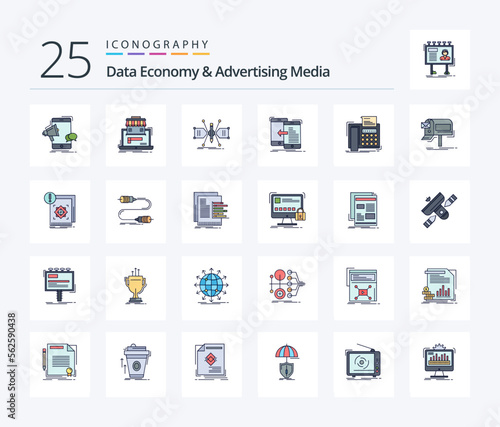 Data Economy And Advertising Media 25 Line Filled icon pack including mobile. data. data. structure. grid