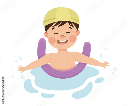 Happy Boy in Swimming Pool Wearing Cap Splashing in Water with Noodle Vector Illustration