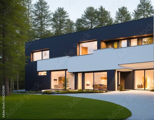 Evening view of a luxurious modern house, holiday home that can be rented. Architecture seems nordic. © ozun